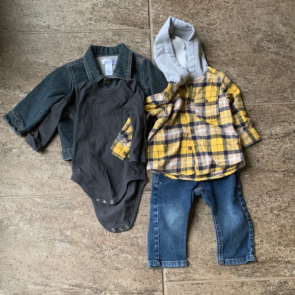 Bundle Outfit Set with Plaid Shirt and Denim Jacket